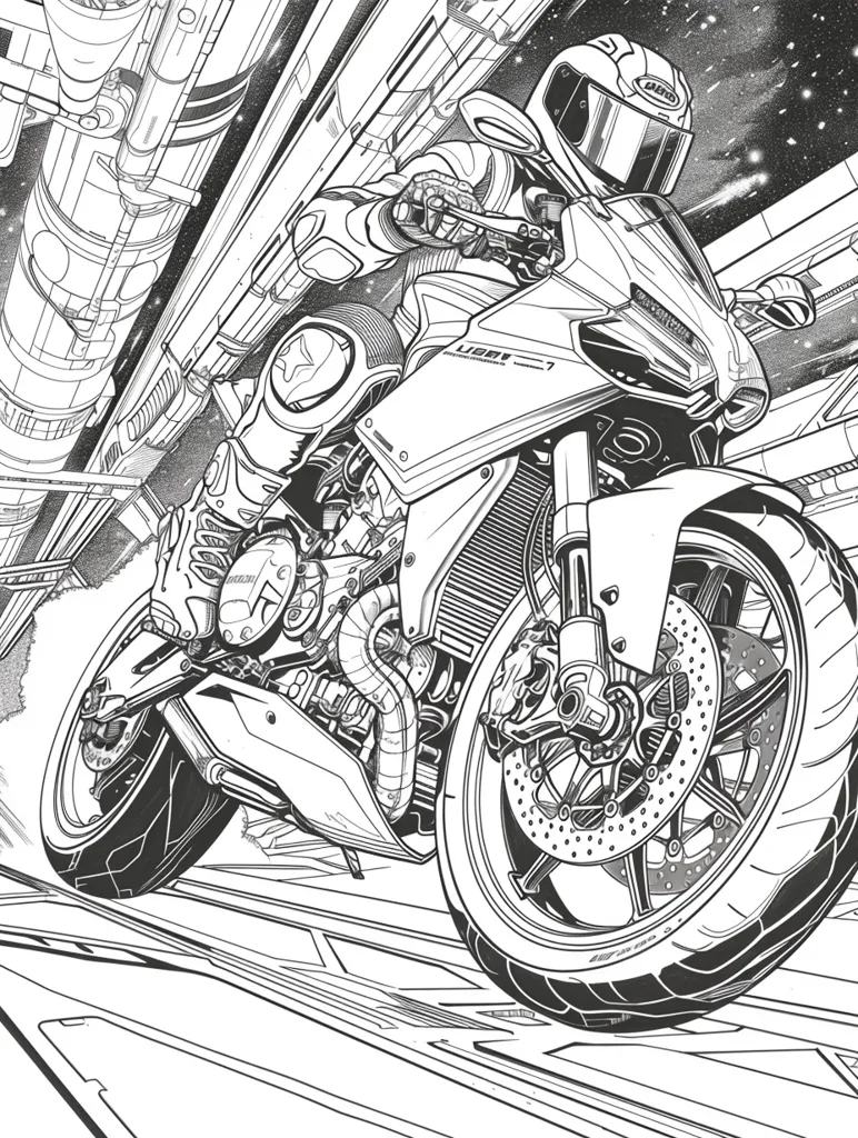 A black and white illustration of a motorcyclist speeding down a futuristic road. The rider is wearing a helmet and is leaning into the turn, the bike's wheels blurred as they race forward. The background shows intricate details of pipes and structures that give the image a sci-fi feel. The graphic lines add a sense of speed and motion.