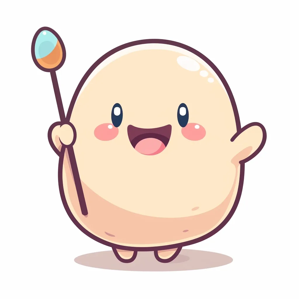 A cute, round, light-skinned character with big eyes and a wide smile holds a colorful stick in its right hand. It has small arms and legs, and its body is slightly rounded at the bottom. It is standing on a white background with a shadow beneath it. The character looks cheerful and friendly.
