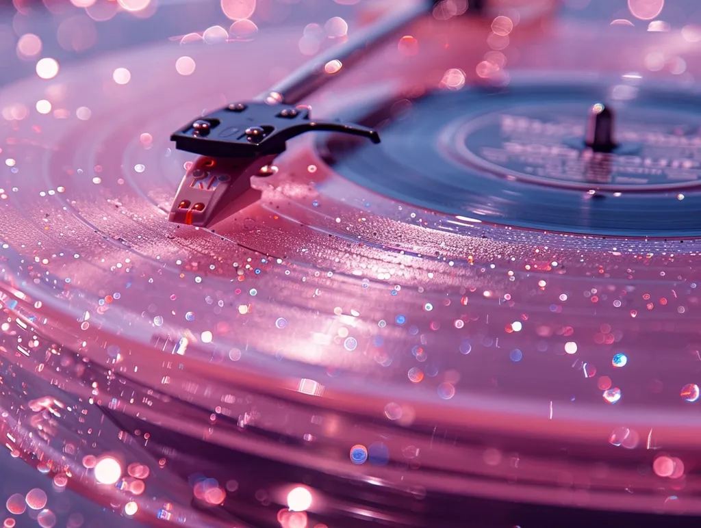 A close-up shot of a record player with a pink vinyl record spinning. The record is covered in glitter and the light from the turntable creates a sparkling effect. The image is captured at a shallow depth of field, highlighting the intricate details of the record and its surface.  The record player is a symbol of music, nostalgia, and vintage aesthetics.