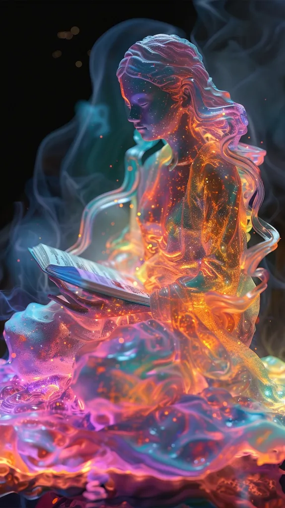A woman with long flowing hair sits in a swirling cloud of iridescent light. She is holding a book in her lap, and her eyes are closed. The image is a beautiful representation of the power of imagination and the beauty of the human spirit. The colors and textures are stunning, and the overall effect is one of peace and tranquility.