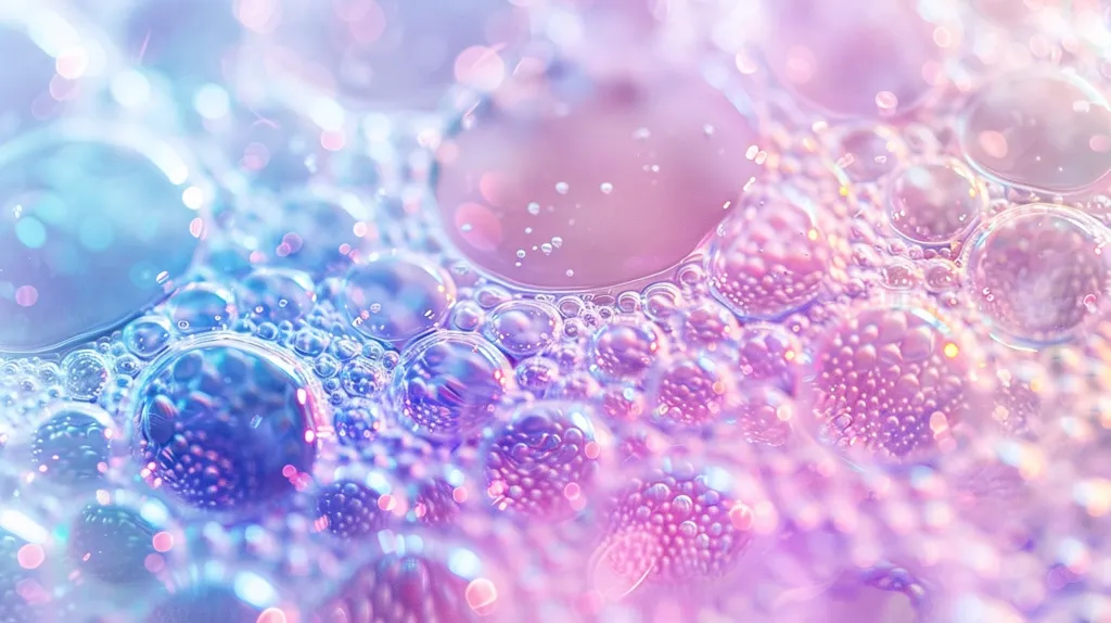 A close-up shot of a shimmering, iridescent surface with a plethora of tiny bubbles. The surface is bathed in a dreamy mix of soft pink and blue hues. The light dances and reflects off the bubbles, creating a mesmerizing, ethereal effect.