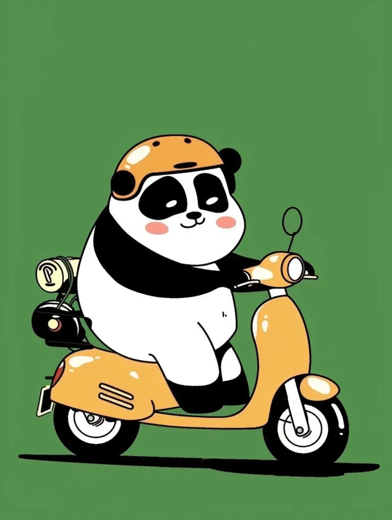 A cartoon panda wearing an orange helmet is riding a yellow scooter. The panda has black eyes, a black nose, and black patches around its eyes. The scooter has a black seat and black wheels. The background is a solid green color. The image is drawn in a simple, cartoon style. The panda looks happy and carefree.