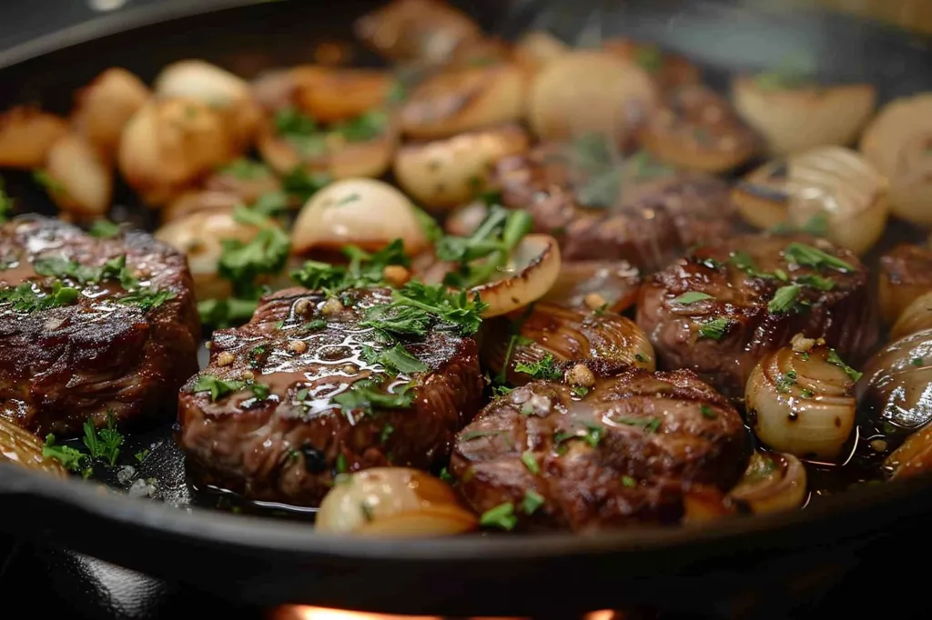 A close-up shot of a cast iron skillet filled with cooked steak and onions. The steak is glistening with juices and sprinkled with fresh parsley. The onions are caramelized and soft, adding a sweet counterpoint to the savory meat. The image is warm and inviting, suggesting a delicious meal.