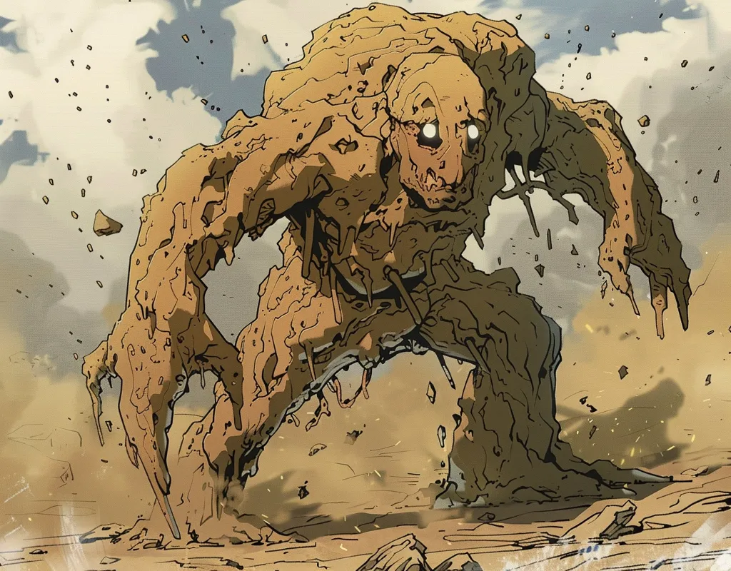 The image depicts a monstrous creature made entirely of dirt and rock. Its body is uneven and craggy, with sharp, jagged edges. Its eyes glow white against its brown, mud-like skin. It has long, thin arms that end in clawed hands. The creature is walking on a sandy terrain, leaving a trail of debris behind it. The sky above is cloudy, and the atmosphere is ominous.  The creature appears to be moving with purpose, and its expression is one of fierce determination.  Its size and appearance convey a sense of power and danger.