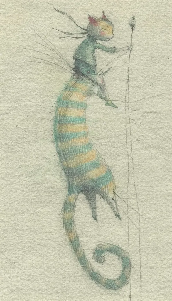 A whimsical creature, resembling a cat with a long, striped tail, sits atop a thin pole. It is drawn in pencil and watercolor on textured paper, creating a dreamlike effect. The creature's features are delicately rendered, capturing its playful and mischievous nature. Its tail curls gracefully, adding to the whimsical charm of the artwork.  The overall image evokes a sense of wonder and imagination.