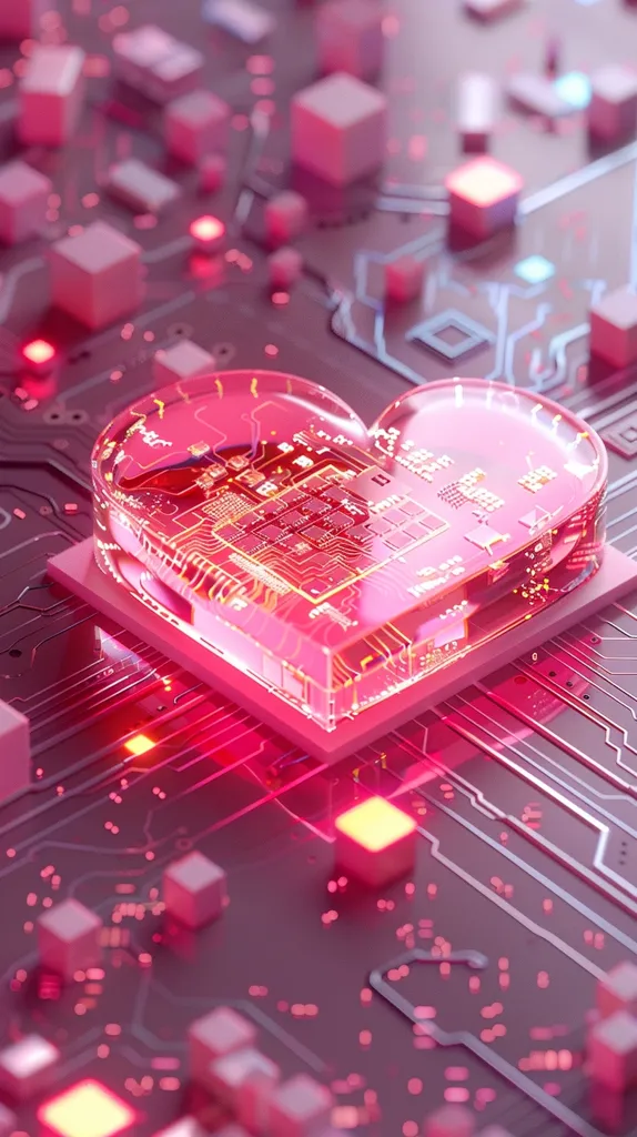 A 3D rendered image of a transparent, heart-shaped object resting on a circuit board. The heart is filled with a complex circuit pattern, and the board is surrounded by small pink cubes. The image evokes a futuristic and technological aesthetic.