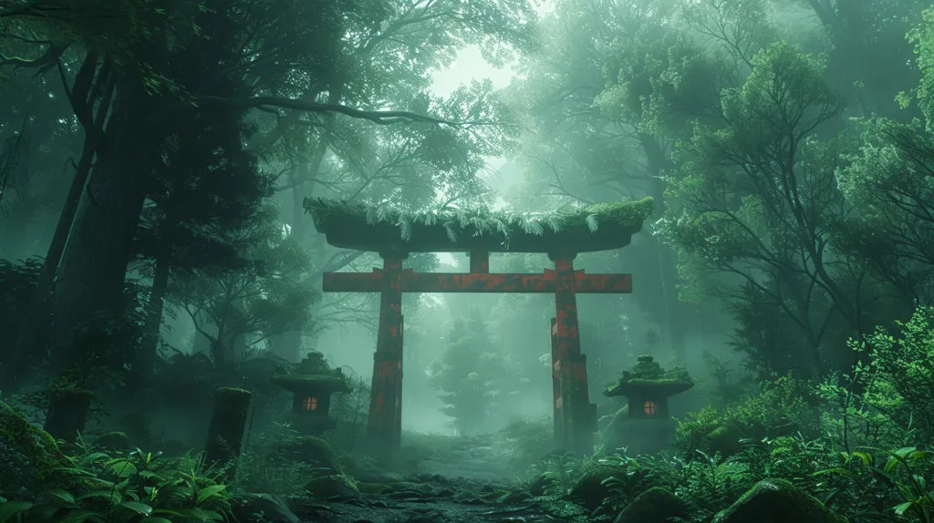A traditional Japanese torii gate stands in the middle of a misty forest. The gate, covered in moss, is made of red wood and has a path leading through it. Tall trees with lush green foliage surround the gate, creating a sense of mystery and serenity. The thick fog adds an ethereal quality to the scene, making it seem like a sacred place.