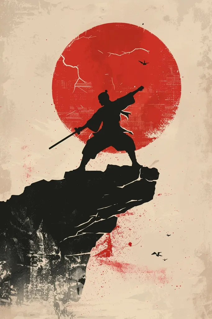 The image depicts a samurai standing on a cliff, silhouetted against a large red sun. He holds a sword in his hand, and his stance suggests he is ready for battle. The background is a textured, beige surface, with scattered red splatterings, resembling blood. The overall feeling is one of strength, determination, and impending danger.  The red sun and the splatterings add a dramatic touch to the composition.