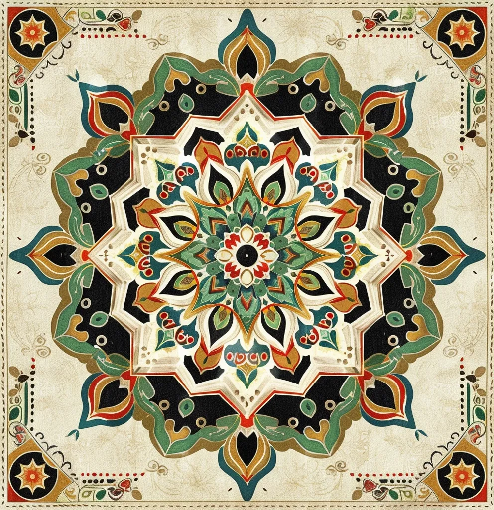 The image is a circular mandala with a white background. It is made up of geometric shapes in shades of green, red, yellow, and black. The center of the mandala is a smaller circle, surrounded by intricate patterns of leaves and flowers. The mandala is framed by a square border with similar geometric designs. The image is visually rich and complex, with a sense of balance and symmetry.  It has an ornate, almost medieval feel.