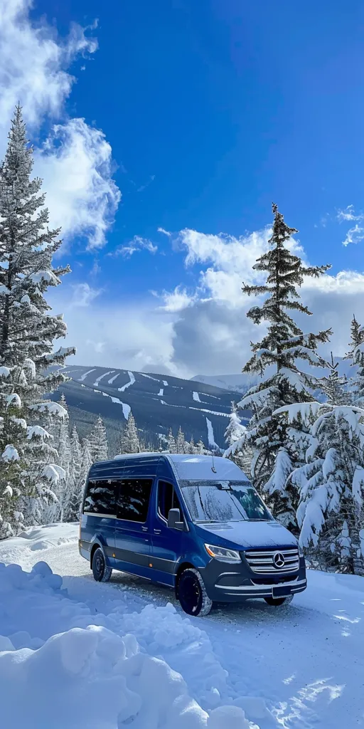 A blue van is parked on a snow-covered road, surrounded by snow-covered trees. The van has a silver grille and black wheels. In the background, a mountain range is covered in snow. The sky is a bright blue with white clouds.  The scene evokes a sense of tranquility and winter adventure.