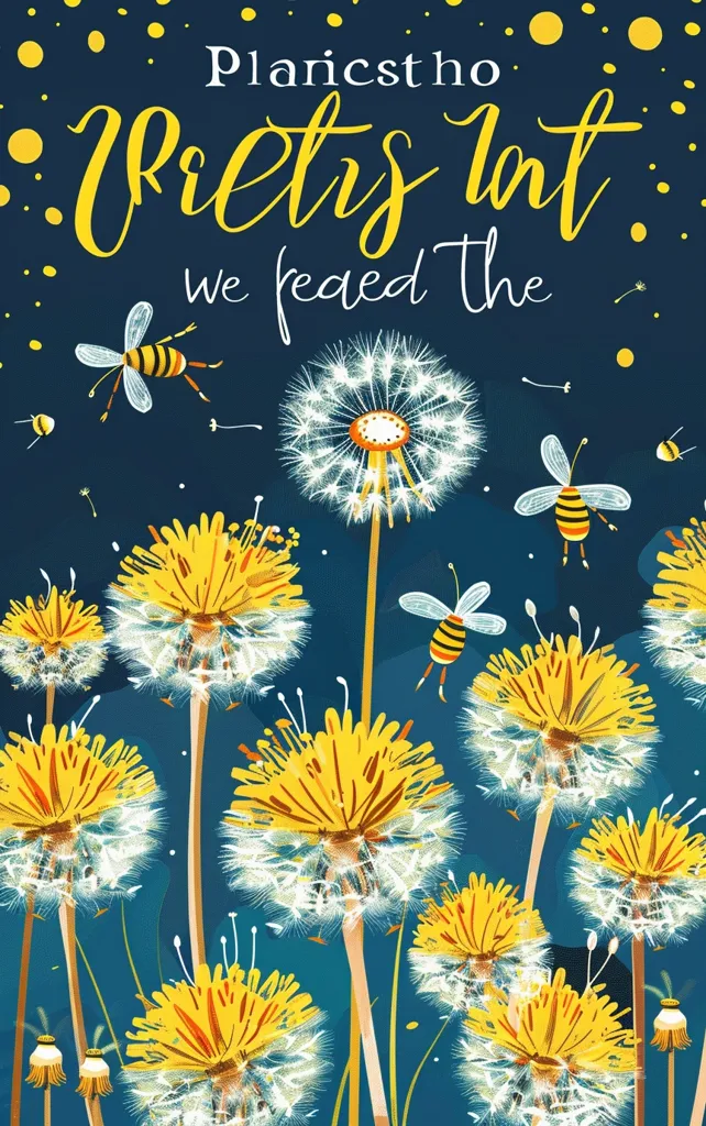 The image depicts a whimsical scene with a blue background and yellow dandelion seeds.  The text at the top reads, "Planicst ho, Pretty Int, We feed the" which suggests a whimsical, nature-themed story. The bees and flowers are drawn in a bright and cheerful style, creating a lively and playful atmosphere.