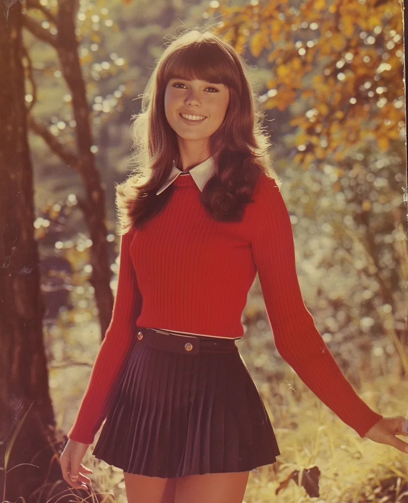 A young woman with long, straight brown hair and bangs smiles brightly. She is wearing a red long-sleeved sweater with a white collar, a black pleated skirt, and a gold belt. The image has a vintage, faded look and is likely from the 1960s or 1970s. The background is blurred and appears to be a wooded area with autumnal foliage.