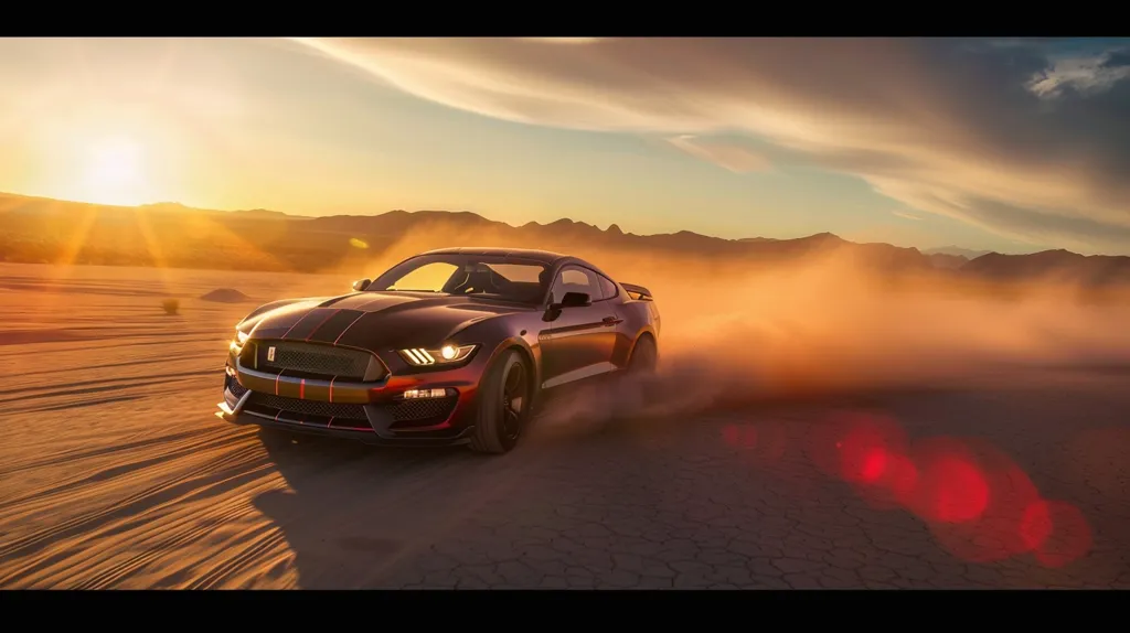 A black Ford Mustang Shelby GT350R is driving through a desert landscape. The car is kicking up dust as it speeds through the barren terrain. The setting sun casts a golden glow over the scene. The image conveys a sense of speed, power, and freedom.