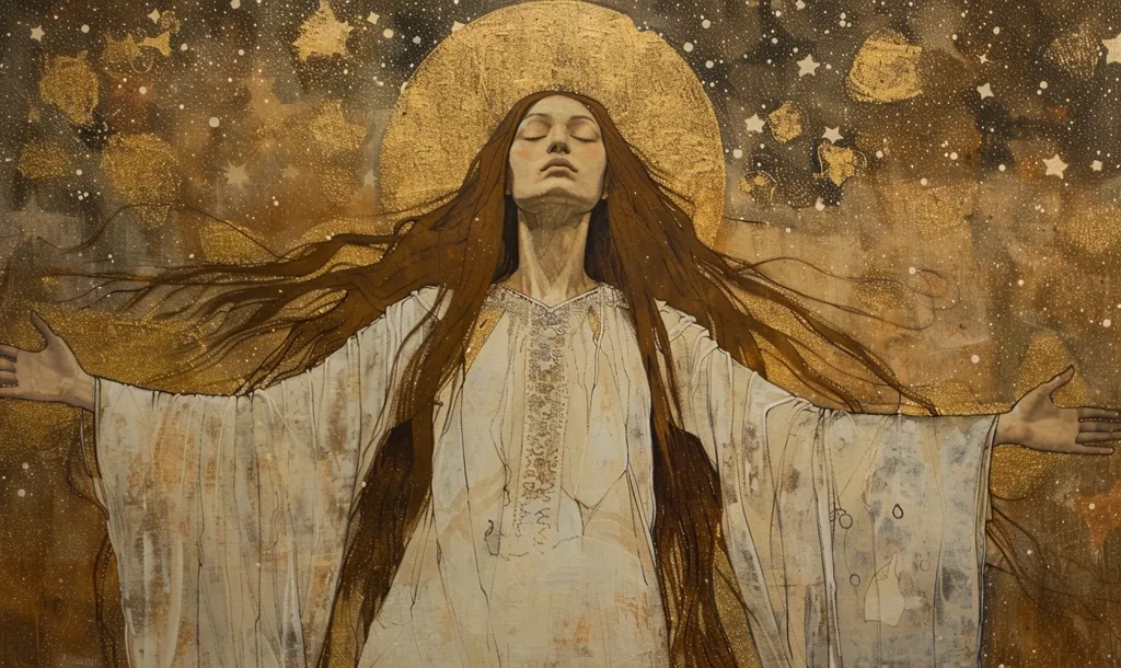 The image depicts a woman with long brown hair and a white robe, standing with her arms outstretched. She is surrounded by a golden background with a halo above her head, and the image is filled with stars and other celestial bodies. The woman appears to be in a state of serenity, perhaps representing a spiritual or angelic being.