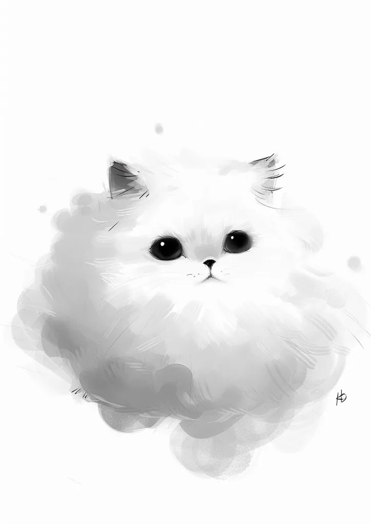 A black and white illustration of a fluffy white cat with large dark eyes. The cat is drawn in a cartoonish style with soft, rounded features. The background is a simple white with some light gray brushstrokes. The image is a simple, yet cute depiction of a cat.