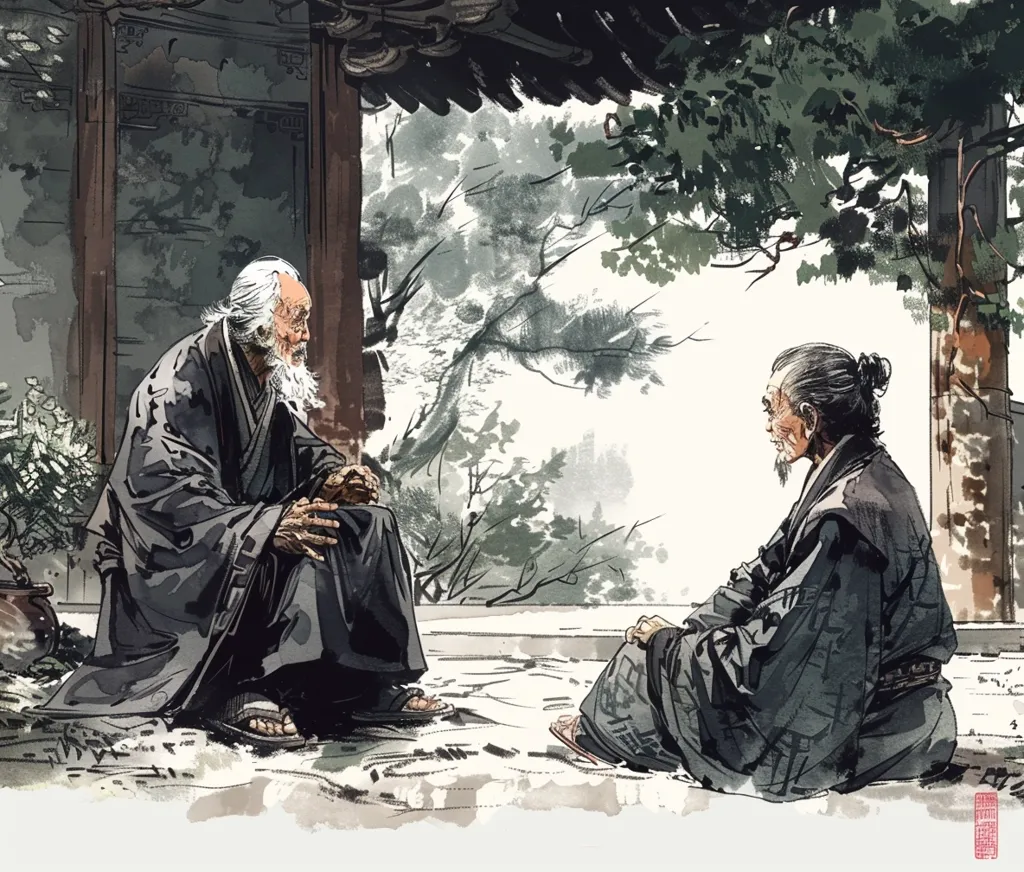 Two elderly men, dressed in traditional robes, are seated on a patio.  The man on the left is facing forward with his hands clasped in his lap. The man on the right sits with his legs crossed, looking off to the side. They are surrounded by a lush garden and a quaint wooden building.  The scene is rendered in a stylized, painterly style, with soft, hazy lines and a muted color palette.  The image evokes a sense of peace and tranquility.