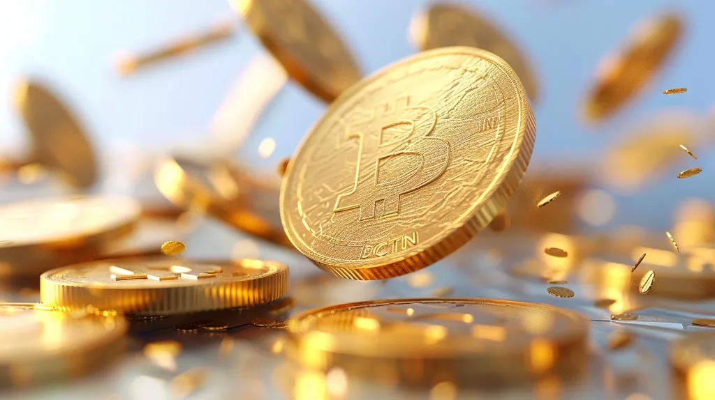 A close-up of a gold Bitcoin coin in mid-air, surrounded by other coins scattered on a reflective surface. The image captures the digital currency in a dynamic and luxurious way, highlighting its value and popularity. The coins shimmer under a soft, diffused light, creating a captivating visual experience.