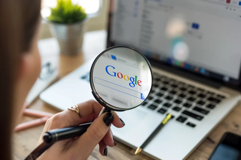 A woman holds a magnifying glass over a laptop screen, focusing on the Google search bar. The laptop is open, revealing a keyboard and a partially visible screen with a blurred background. A pen is resting on the laptop's touchpad. The woman's hand is in focus, while the laptop and surroundings are slightly out of focus. The image suggests an emphasis on online search and internet exploration.