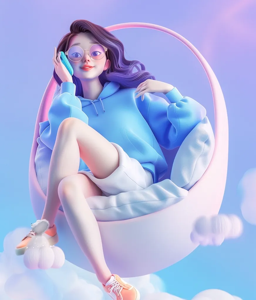 A cartoon woman with long purple hair, wearing blue hoodie and white shorts, sits in a crescent-shaped chair that is floating on clouds. She is holding a blue phone to her ear and has a cheerful expression on her face. The scene is set against a gradient background of purple and blue.  The overall mood is playful and lighthearted.