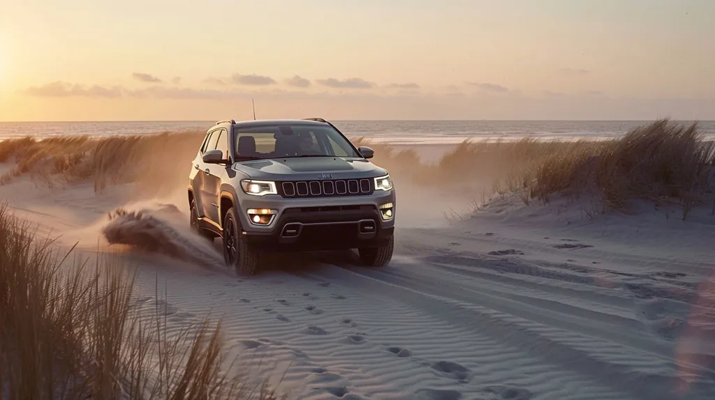 A silver Jeep Compass drives on a sandy beach at sunset. The sun is setting behind the car, casting a warm glow on the scene. The car is kicking up sand as it drives, and there are tracks in the sand behind it. The background is a soft blur of sand and water. The image captures the freedom and adventure of driving a Jeep.