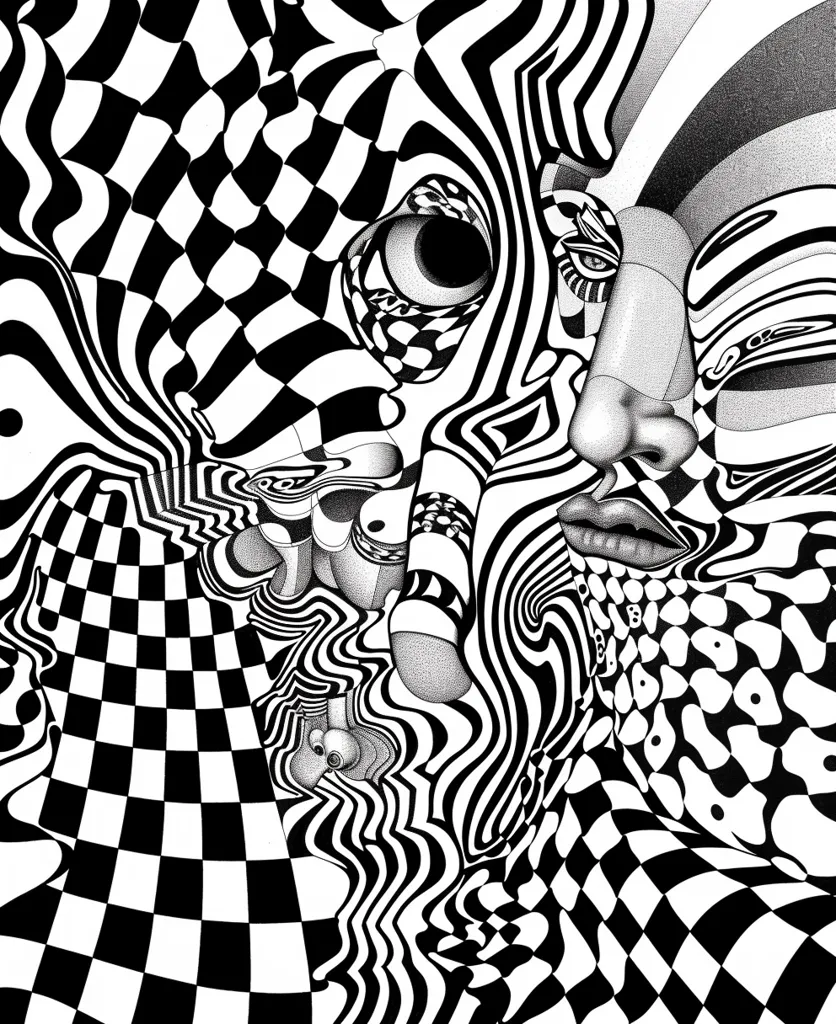 The image is a black and white abstract drawing featuring a distorted face composed of swirling lines and checkerboard patterns.  The face has a large eye, a prominent nose, and a closed mouth, and is surrounded by a vortex of lines that creates a sense of depth and movement.  The overall effect is psychedelic and disorienting.