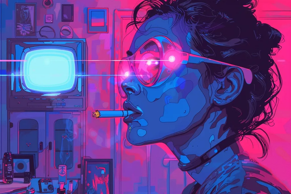 A stylized illustration of a woman in a retro setting. The woman has dark hair, wears large pink sunglasses, a choker necklace, and is smoking a cigarette. A large TV with a blue screen is in the background.  The image is filled with neon pink and blue tones.