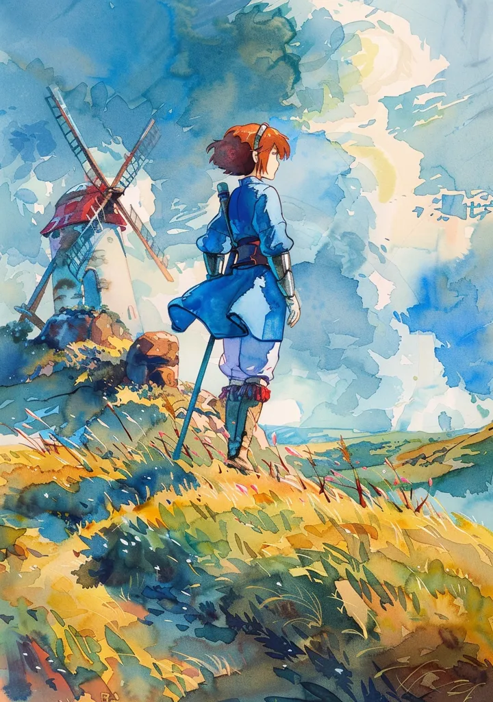 A watercolor painting depicts a young woman standing on a grassy hill, gazing towards a distant landscape. A windmill stands in the background, its blades turning in the wind. The sky is a mix of blue and white, with fluffy clouds creating a sense of serenity. The overall style is whimsical and dreamlike, with soft, blurred edges and vibrant colors.  The woman's attire is blue and green, blending seamlessly with the natural surroundings.  The painting captures a moment of quiet contemplation and wonder.