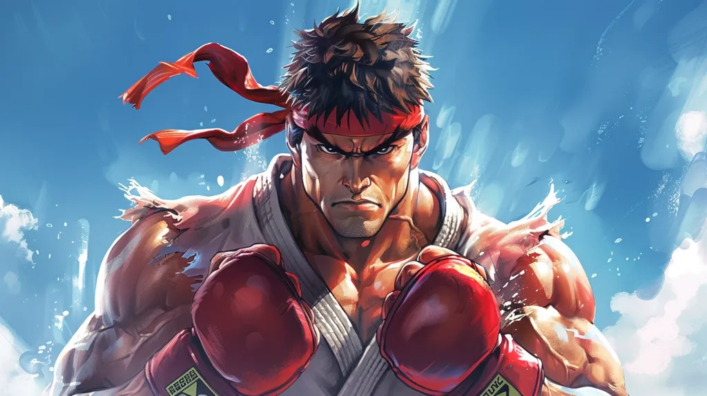 A muscular, anime-style character with a red headband and boxing gloves stands in a fighting pose. He has a determined expression and is surrounded by a background of water droplets and clouds. The image is stylized and dynamic, conveying a sense of action and power.