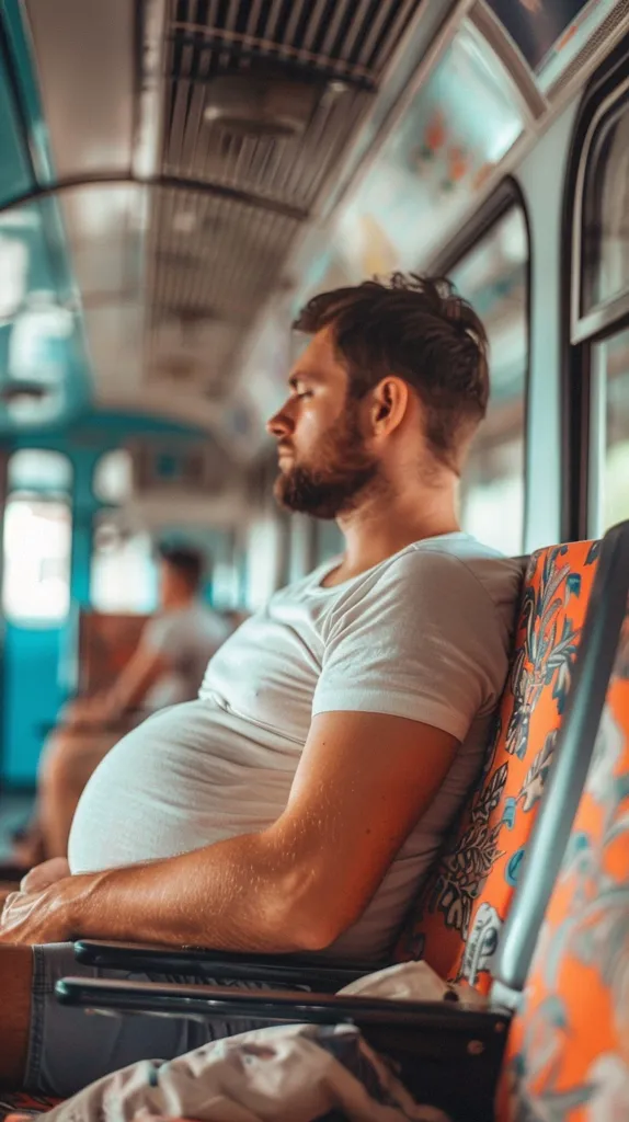 A man with a beard sits on a bus seat, looking out the window. He's wearing a white t-shirt and dark blue shorts. The seat beside him has a bright orange and floral pattern.  He is the only passenger visible, suggesting a quiet journey.  The bus is older, with a light blue interior. The image captures a moment of peaceful reflection on a public transport ride.