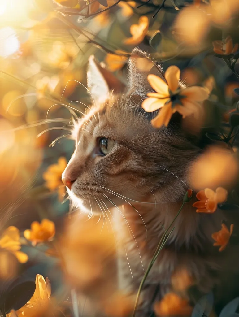 A ginger cat with green eyes peeks out from behind a bush of delicate yellow flowers. The sunlight filters through the leaves, casting a warm glow on the scene. The cat's fur is soft and fluffy, and its expression is calm and serene. The image evokes a sense of peace and tranquility.