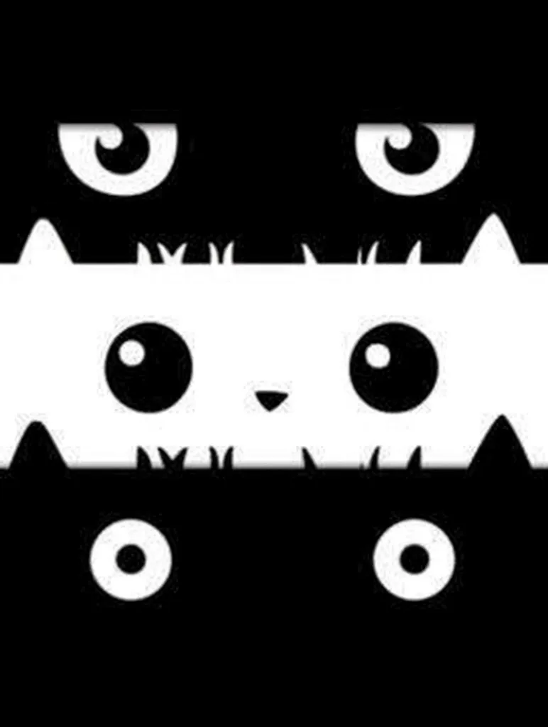 The image features a stylized black and white cat with big round eyes. The cat's face is divided in half horizontally, with the top half black and the bottom half white. The cat's eyes are large and circular, and the nose is a small, simple shape. The image is simple and playful, capturing the essence of a cat's facial features in a minimalist design.