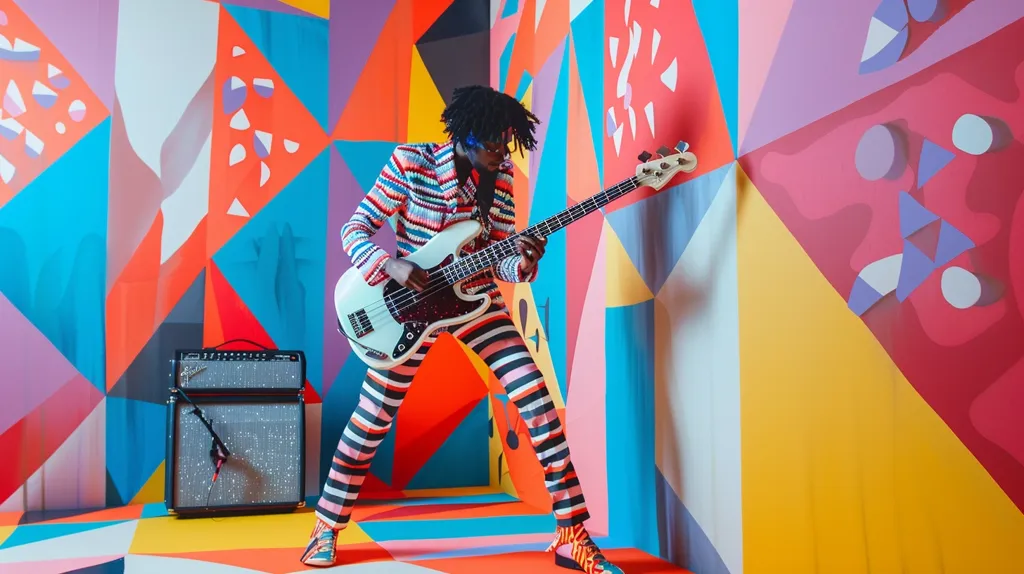 A young person wearing colorful striped pants and a jacket plays a bass guitar in a room with bright, geometrically patterned walls. The white bass is prominently featured, and the person's pose suggests energy and movement. A guitar amplifier sits on the floor nearby. The room is filled with a playful and vibrant energy, highlighted by the bold colors and shapes.