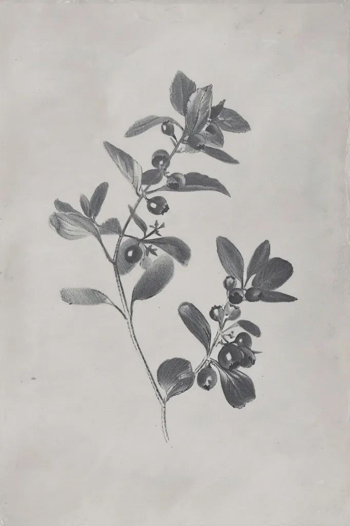 A black and white illustration of a plant with berries. The plant has long stems with leaves and clusters of round berries. The illustration is done in a simple, delicate style and appears to be drawn with charcoal or pencil. The background is a light gray, providing a neutral backdrop for the plant. The composition is simple, focusing on the plant and berries, highlighting their natural beauty.