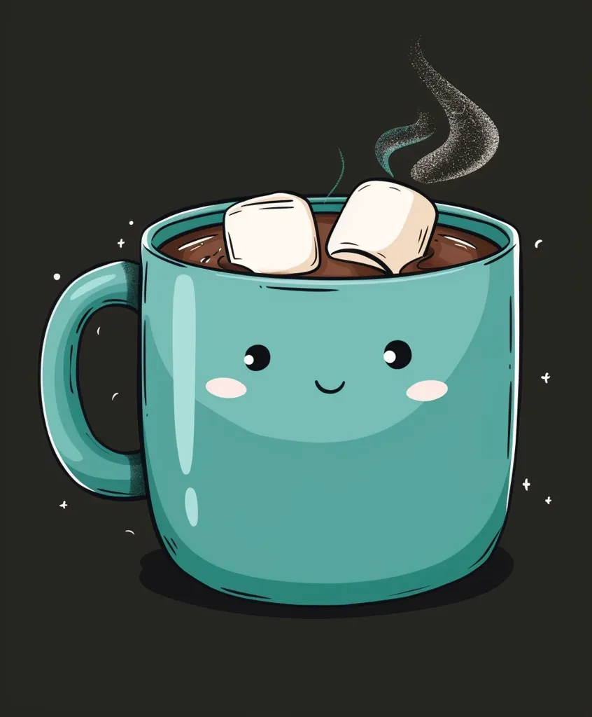 A cartoon mug with a smiling face is filled with hot chocolate and two marshmallows. The mug is a bright teal color and the steam from the hot chocolate is depicted as wispy clouds. The mug is sitting on a black background.  The image is whimsical and cute.