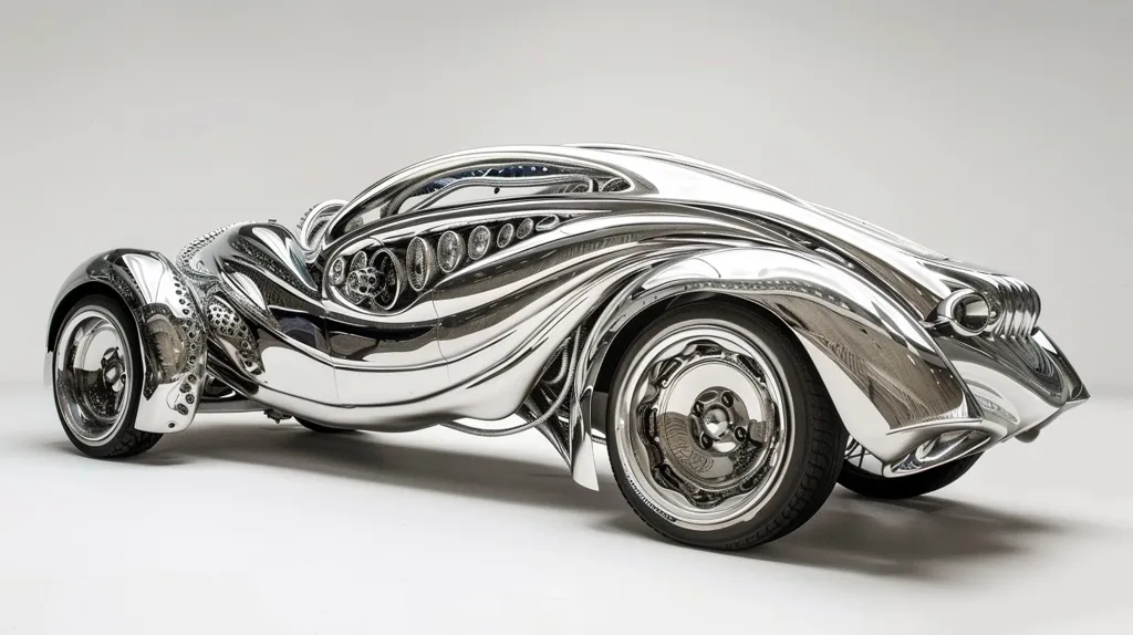 A sleek, futuristic-looking car, entirely crafted from polished chrome, sits on a white background. Its smooth, flowing lines and intricate detailing create a sense of elegance and high-tech sophistication. The car's reflective surface captures the surrounding environment, creating an illusion of depth and movement. The image evokes a sense of speed, power, and innovation.