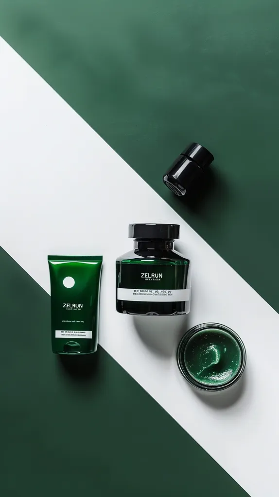 The image shows three beauty products: a green face cream, a green serum and a green face mask. They are arranged on a white and green background. The products are all in sleek, minimalist packaging. The image is clean and modern, creating a luxurious and sophisticated feel.  The green color scheme reinforces the natural and organic aspects of the products.
