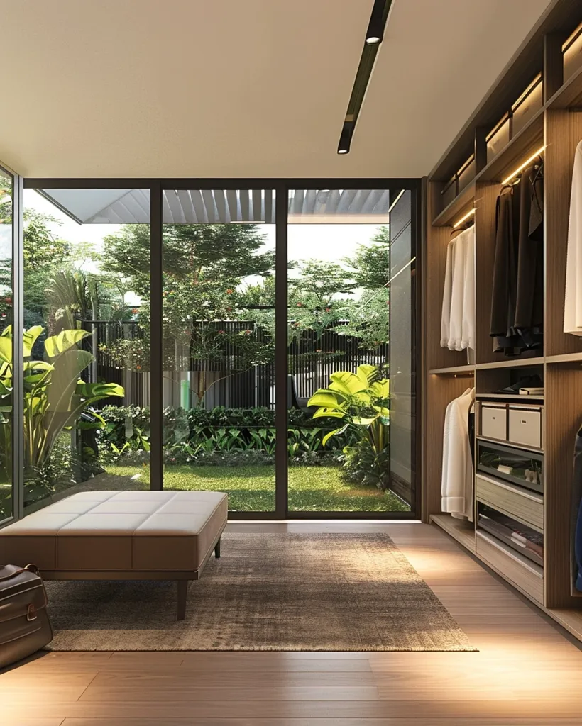 A modern walk-in closet with warm wooden accents and a large window overlooking a lush, green garden. The closet features ample storage space with shelves, drawers, and hanging rods, providing a luxurious and organized space for clothing and accessories. A plush ottoman sits in the center of the room, inviting relaxation and contemplation amidst the stylish surroundings.