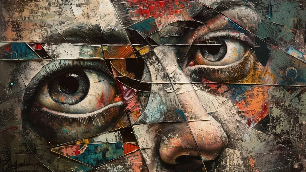 The image is a close-up of a painting depicting a fragmented face with two eyes. The painting uses a bold, abstract style with heavy brushstrokes and a mix of textures. The eyes are rendered with detail and depth, drawing the viewer's attention. The colors are vibrant and varied, creating a sense of energy and dynamism. The overall effect is one of intensity and emotional depth.