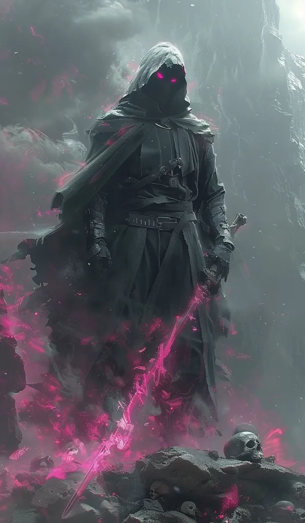 A figure cloaked in black stands amidst a swirling mist. Their face is obscured by a hood, but glowing pink eyes pierce the darkness. They hold a sword, emanating pink energy, surrounded by scattered skulls. The image evokes a sense of mystery and power, hinting at a dark and ominous presence.