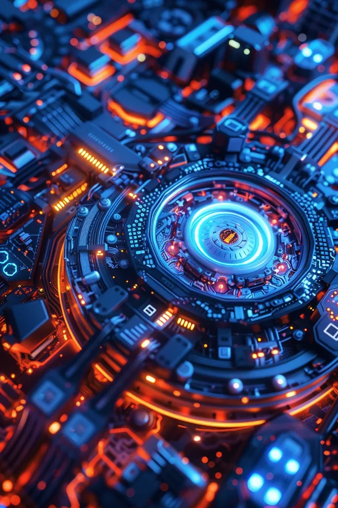 The image shows a close-up of a futuristic, intricate circuit board with a central, glowing blue core. The board is a complex network of wires, chips, and glowing lights, creating a visually stunning and abstract representation of technology. The contrasting colors of orange and blue accentuate the complex circuitry, highlighting the intricate details and futuristic design.