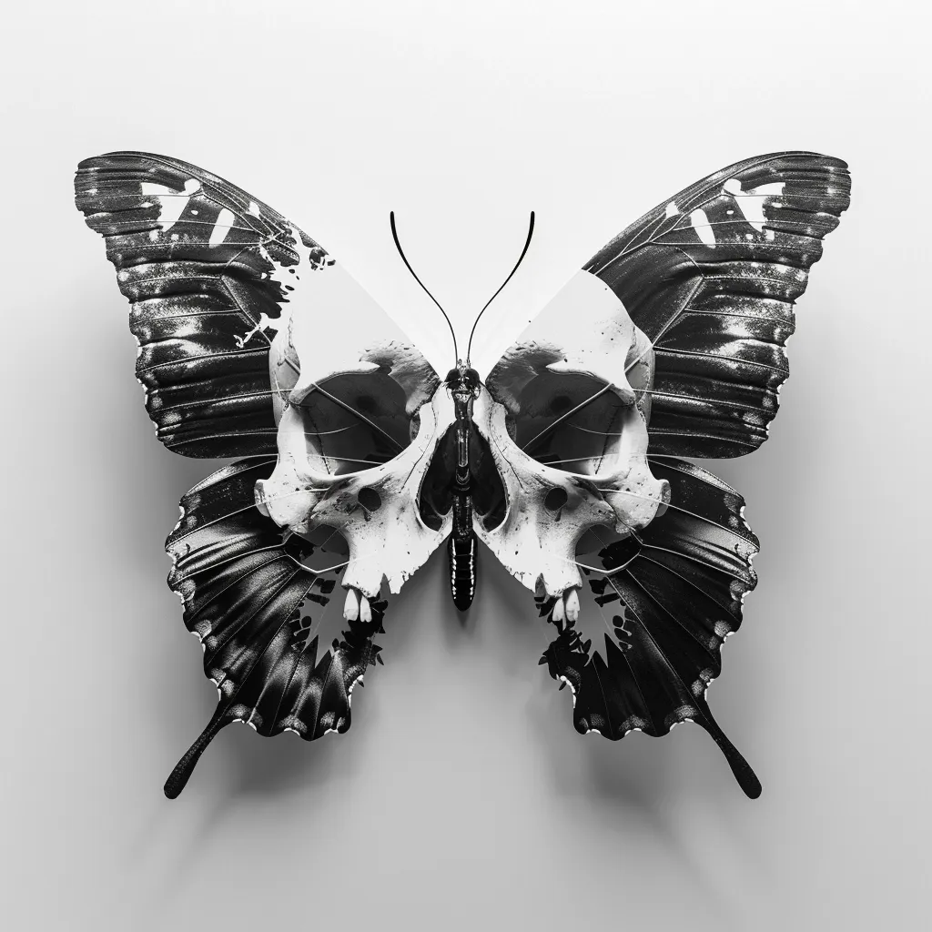 A black and white image of a butterfly with a skull for its body. The butterfly's wings are intricately detailed and spread out wide, creating a striking visual contrast against the simple white background. The skull is positioned in the center of the butterfly, its features clearly defined and adding a haunting element to the composition. The image creates a sense of both beauty and mortality.