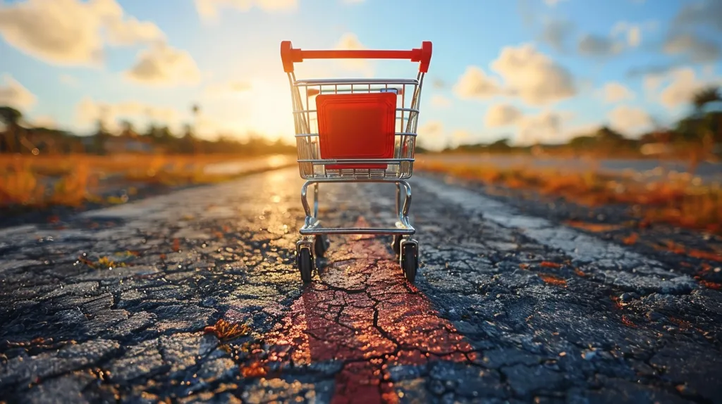 A small shopping cart sits on a cracked asphalt road. The cart is empty except for a red box in the bottom. The sun is setting in the background, casting a golden glow over the scene. The image suggests a sense of emptiness and isolation, perhaps symbolizing the lack of consumerism or the challenges of an empty economy.