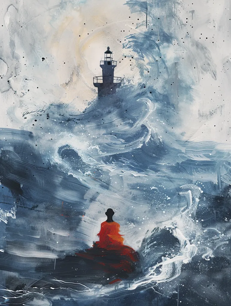 A minimalist painting depicts a lone figure in red robes sitting amidst a stormy sea, with a lighthouse standing tall in the distance. The painting uses a limited color palette of blue, grey, and white to create a sense of tranquility amidst the chaos. The figure appears calm and serene, suggesting a sense of inner peace despite the turbulent external world. The painting evokes a feeling of solitude, resilience, and the search for inner peace amidst life's storms.