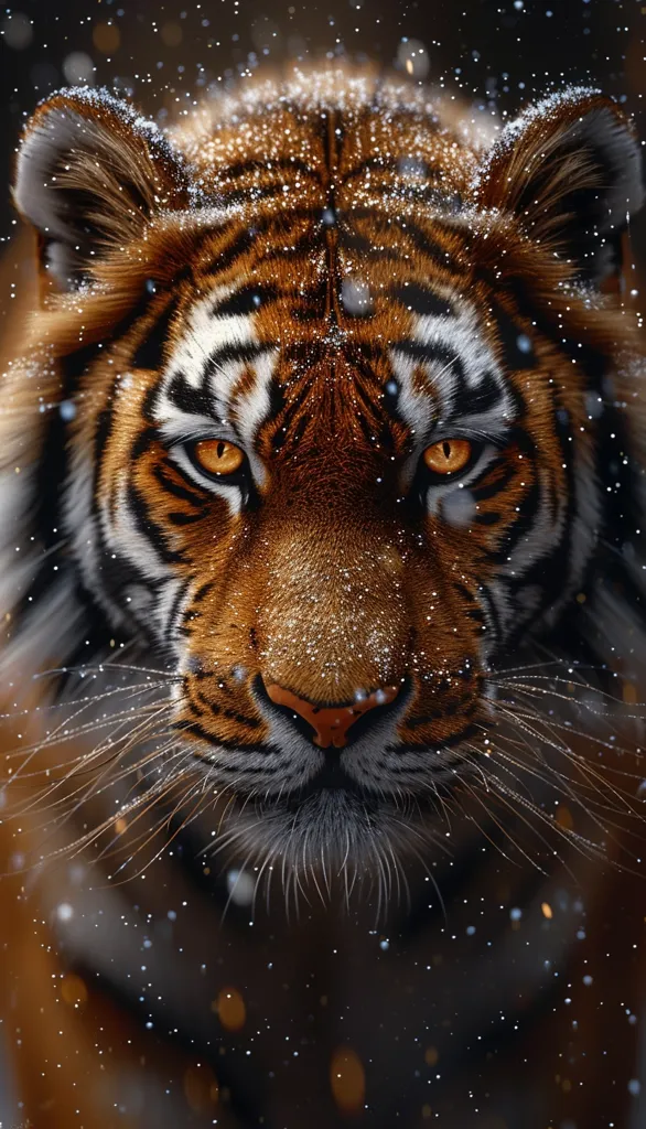 A close-up of a tiger's face, with snow falling around it. The tiger's eyes are piercing, and its whiskers are prominent. The image is dark and moody, with the tiger's orange and black stripes contrasting with the white snow. The image is evocative of the tiger's power and beauty, and the cold, snowy environment.