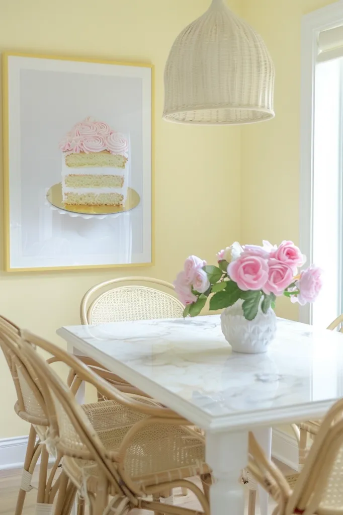 The image shows a dining room with a white marble table and wicker chairs. A large framed print of a cake with pink frosting hangs on the yellow wall. A bouquet of pink roses is in a white vase on the table. A white wicker pendant light hangs from the ceiling. The room is bright and airy with a touch of sweetness.