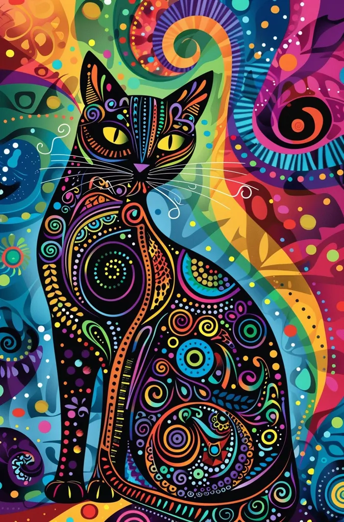A black cat sits against a colorful, swirling background. The cat's fur is covered in intricate patterns of swirls, dots, and lines in vibrant colors.  Its yellow eyes stare out from the design,  drawing the viewer's attention. The background is a vibrant mix of blues, greens, oranges, and pinks, creating a mesmerizing and playful scene.