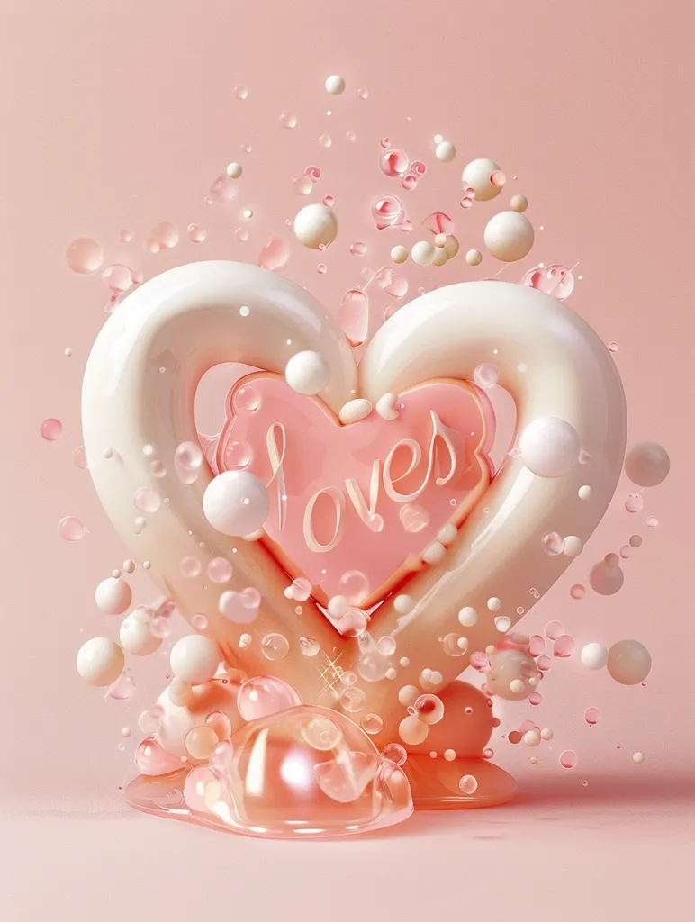 A pink and white heart-shaped object sits against a soft pink background. It has a pink center with the word "loves" written inside, and is surrounded by small bubbles and a glistening pool of pink liquid. The image evokes a sense of love, sweetness, and celebration.