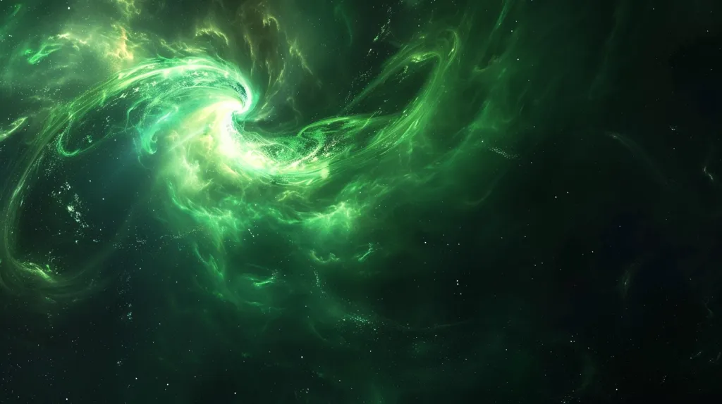 The image depicts a swirling nebula in a deep space setting.  A vibrant green and yellow color scheme dominates the scene, with wispy clouds of gas and dust swirling around a central point of light. The background is a dark, starry expanse, creating a sense of depth and vastness.  The nebula appears to be illuminated from within, casting a soft glow across the cosmic landscape.  The scene evokes a sense of wonder and mystery, inviting viewers to contemplate the vastness of the universe.
