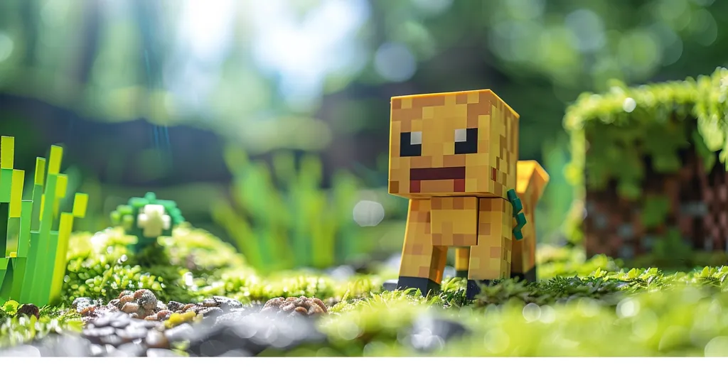 A Minecraft cow figure stands in a grassy field, looking directly at the viewer. The cow is made of yellow blocks and has a friendly expression. The background is blurry, suggesting a lush forest setting. The figure is surrounded by green moss and other foliage, creating a natural and playful atmosphere.