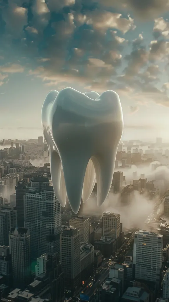 A giant white tooth floats above a city skyline, its points nearly touching the buildings. The city is shrouded in fog, giving it an ethereal quality. The sky above is cloudy, with hints of sunlight breaking through. The image is surreal and thought-provoking.